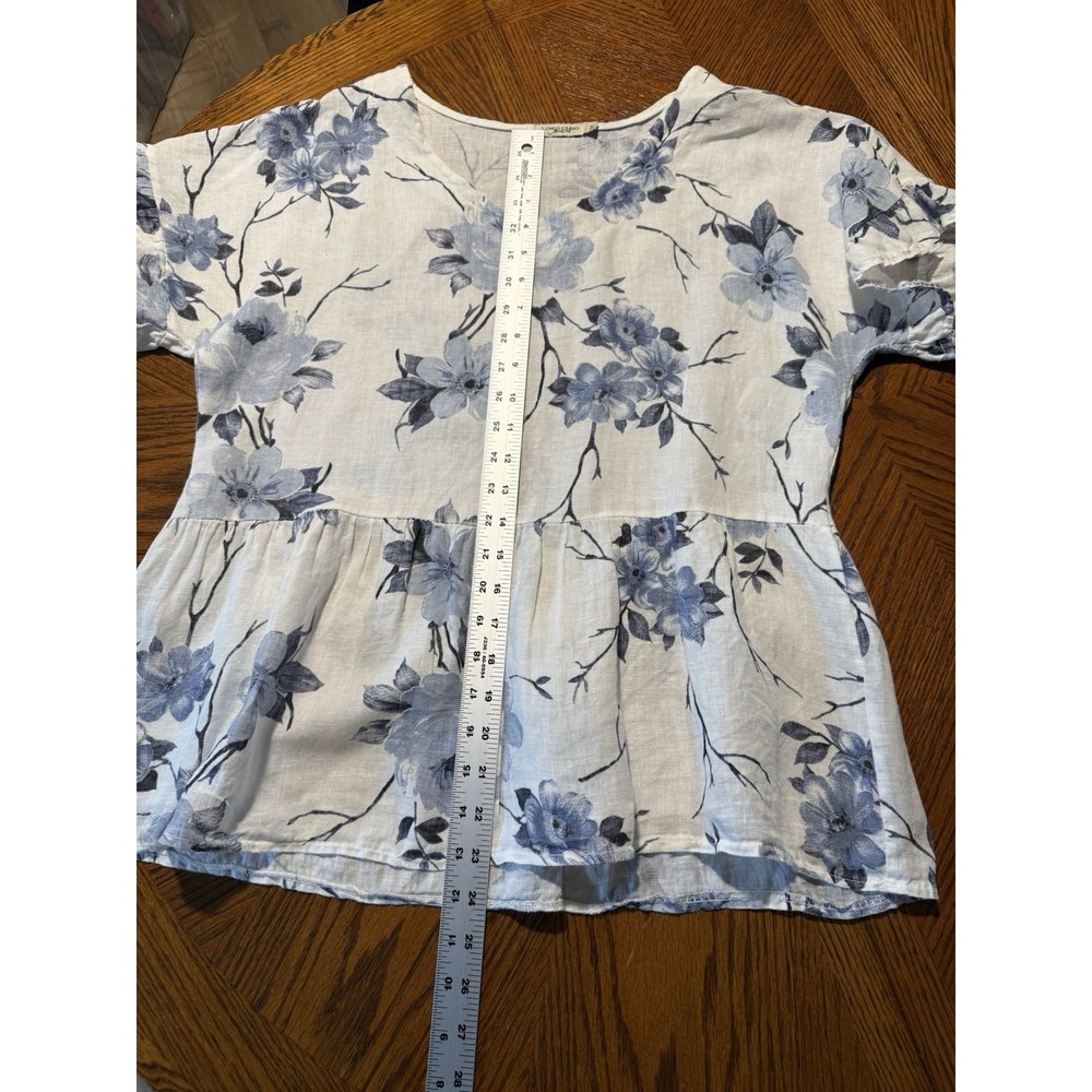 Lungo L'arno Linen Top Blouse Blue Floral Ruffle Sleeve Peplum Size Medium - Picture 5 of 7